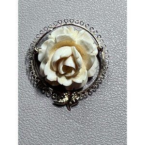 Vintage Sorrento Gold Filled Circle Carved Rose Pin/Brooch, Coral